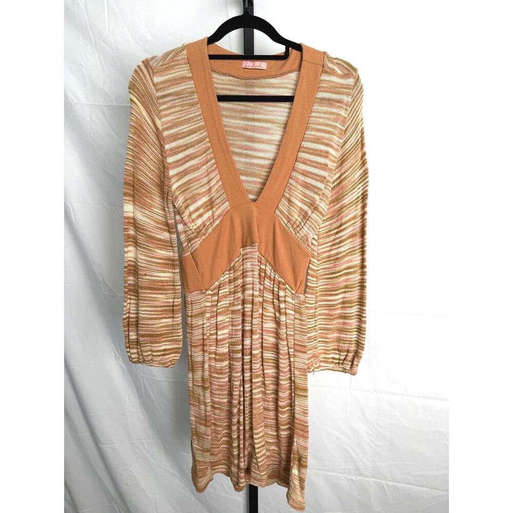 Indah Striped Long Sleeve V-Neck Dress in Tan and Cream